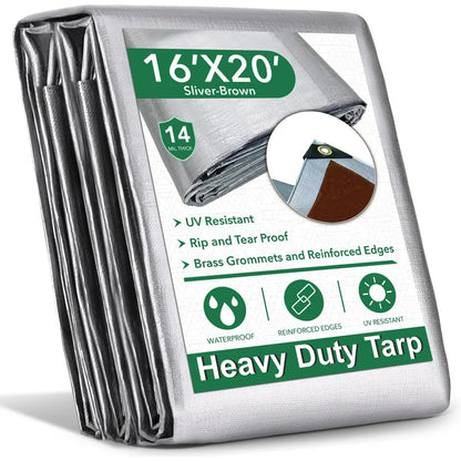 16ft x 20ft 14 Mil Heavy Duty Tarp Cover - Silver/Brown Thick Waterproof Protective Tarps, UV Resistant Poly Tarpaulin with Grommets and Reinforced Edges for Camping, Pool, Boat