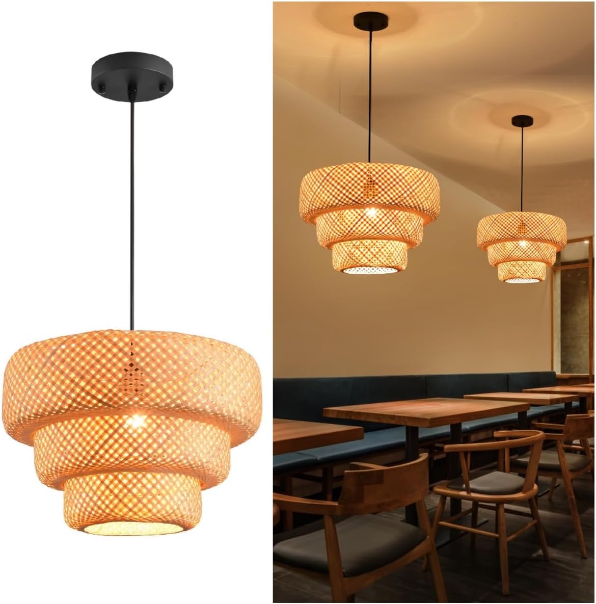 14 Inch Wide Bamboo Chandelier Ceiling Hand-Woven Natural Hanging Light Fixture