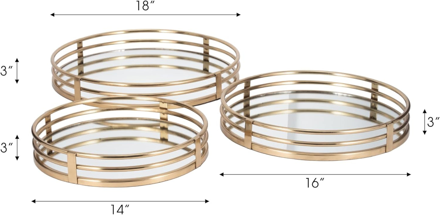 Set of 3 Gold Brass Finish Metal Round Mirrored Trays - 14", 16", and 18" Diameter, Decorative Display