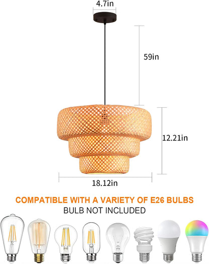 18 Inch Wide Bamboo Chandelier Ceiling Hand-Woven Natural Hanging Light Fixture