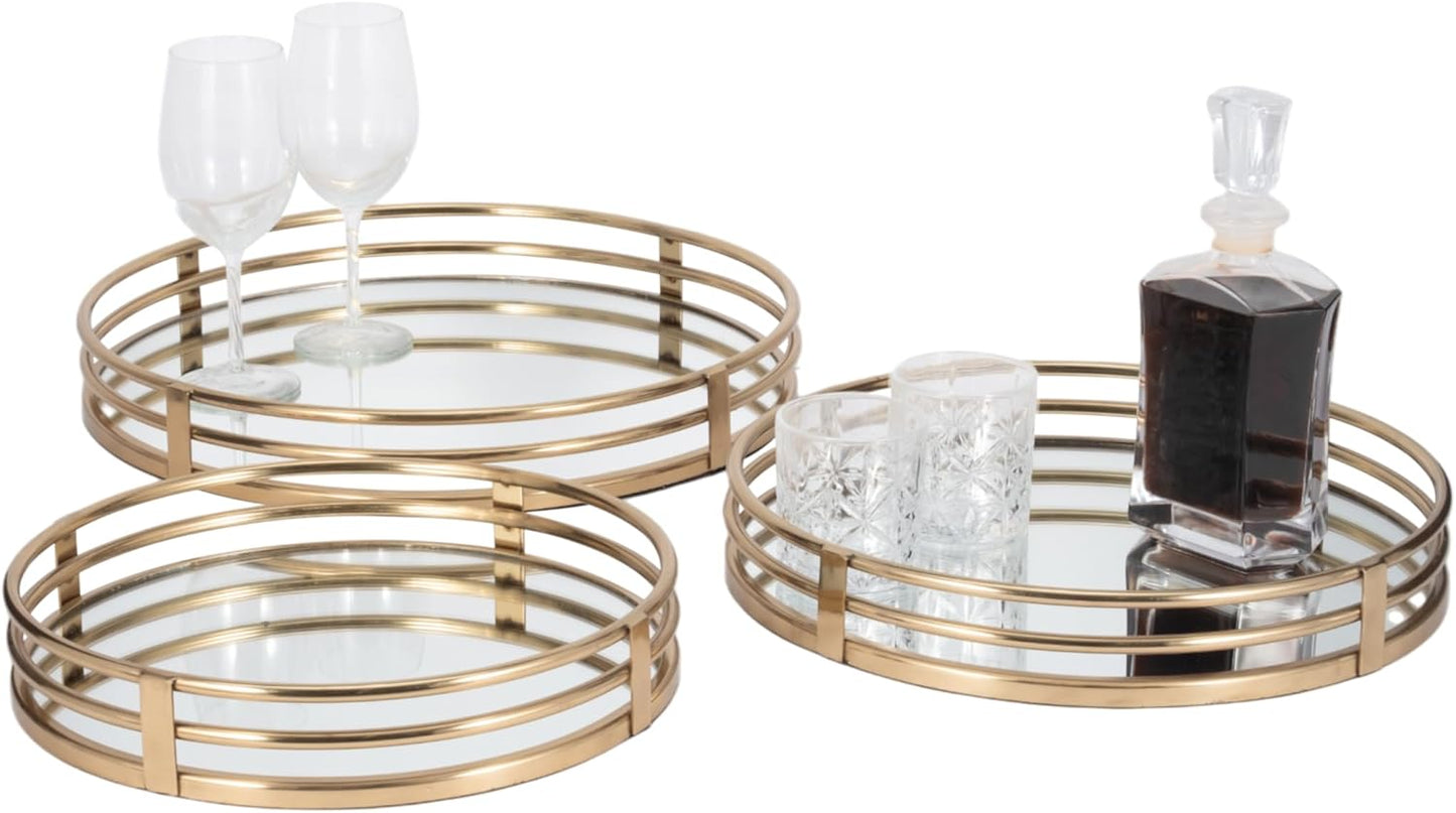 Set of 3 Gold Brass Finish Metal Round Mirrored Trays - 14", 16", and 18" Diameter, Decorative Display