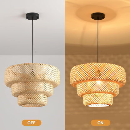 14 Inch Wide Bamboo Chandelier Ceiling Hand-Woven Natural Hanging Light Fixture