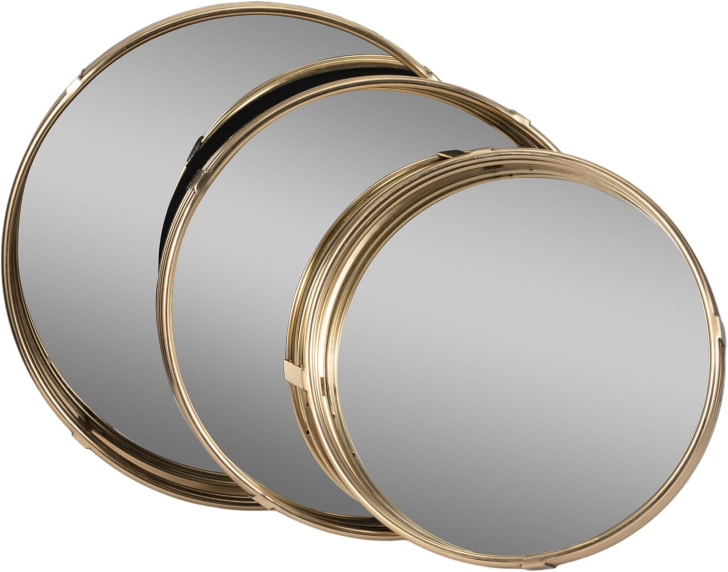 Set of 3 Gold Brass Finish Metal Round Mirrored Trays - 14", 16", and 18" Diameter, Decorative Display