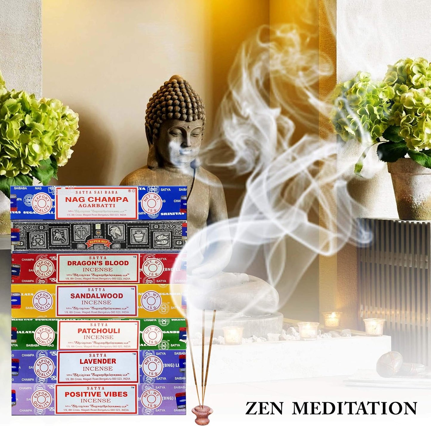 Pack of 7 Satya Incense Gift Set Nag Champa, Super hit, Dragon's Blood, Sandalwood, Patchouli, Lavender, Positive Vibes, 15g Each