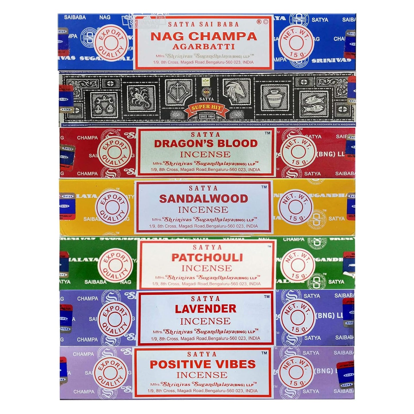 Pack of 7 Satya Incense Gift Set Nag Champa, Super hit, Dragon's Blood, Sandalwood, Patchouli, Lavender, Positive Vibes, 15g Each