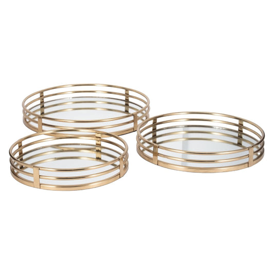 Set of 3 Gold Brass Finish Metal Round Mirrored Trays - 14", 16", and 18" Diameter, Decorative Display