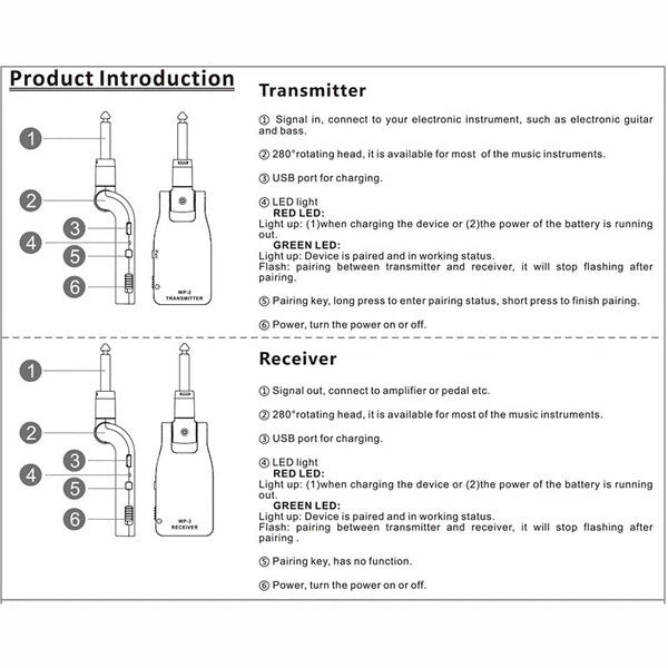 WP-2 2.4G Wireless Rechargeable Electric Guitar Transmitter Receiver