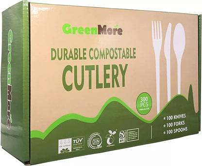 300pcs Compostable Disposable Cutlery Eco-Friendly Set, 100 Spoons, 100 Forks, and 100 Knives