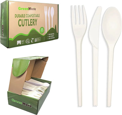 300pcs Compostable Disposable Cutlery Eco-Friendly Set, 100 Spoons, 100 Forks, and 100 Knives